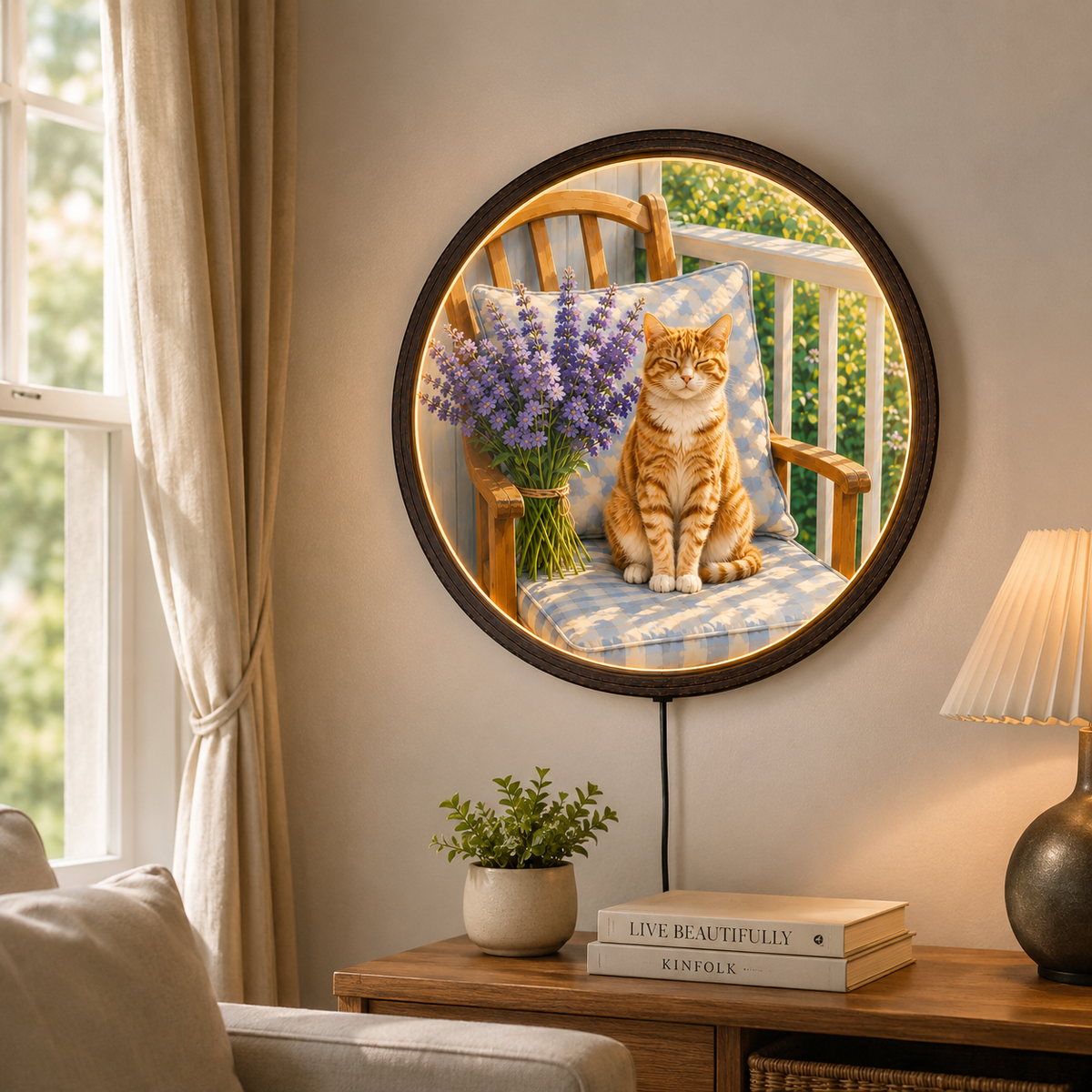 Rustic Cat Wall Art with LED Lighting, Round Farmhouse Home Decor, Cozy Orange Tabby Cat & Lavender Flower Wall Accent