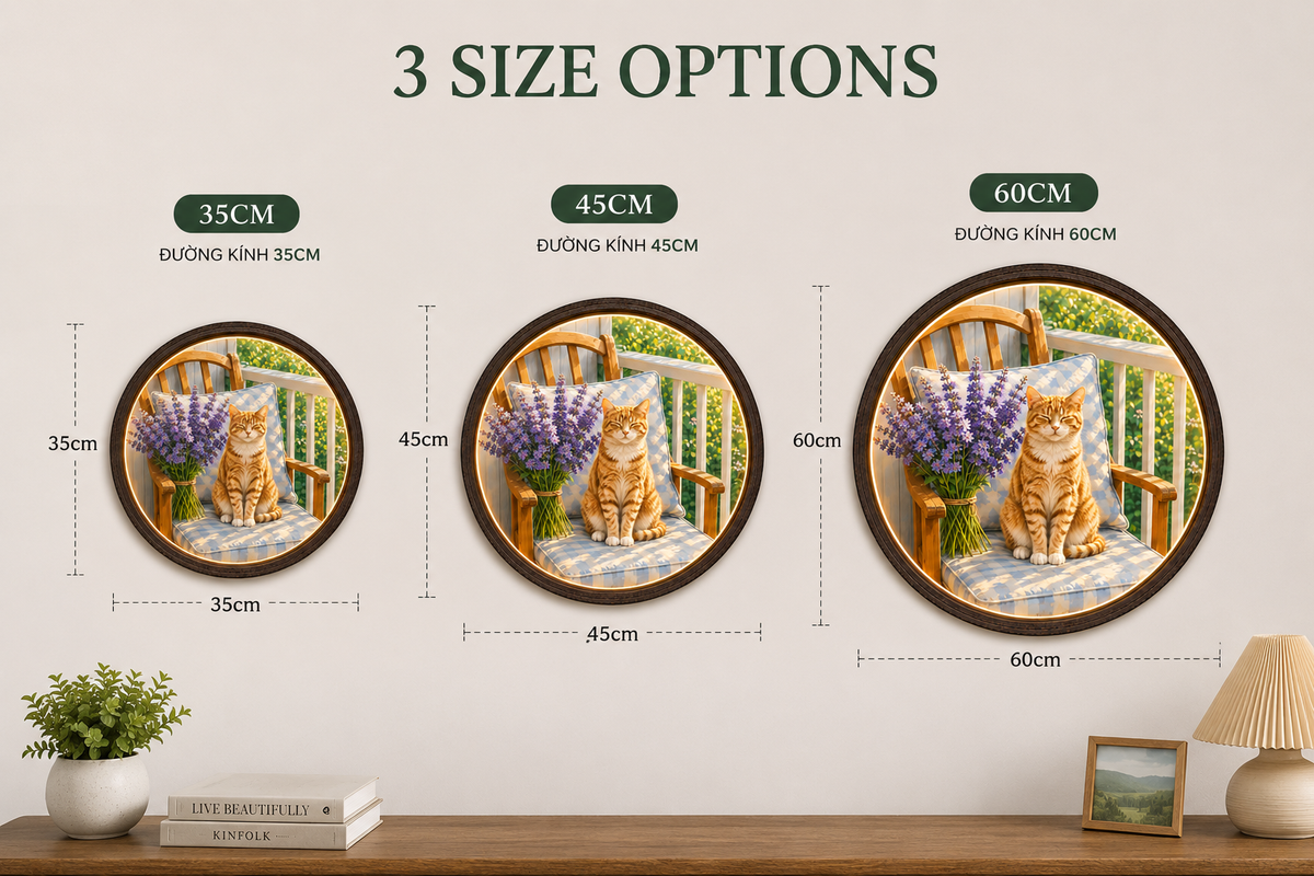 Rustic Cat Wall Art with LED Lighting, Round Farmhouse Home Decor, Cozy Orange Tabby Cat & Lavender Flower Wall Accent