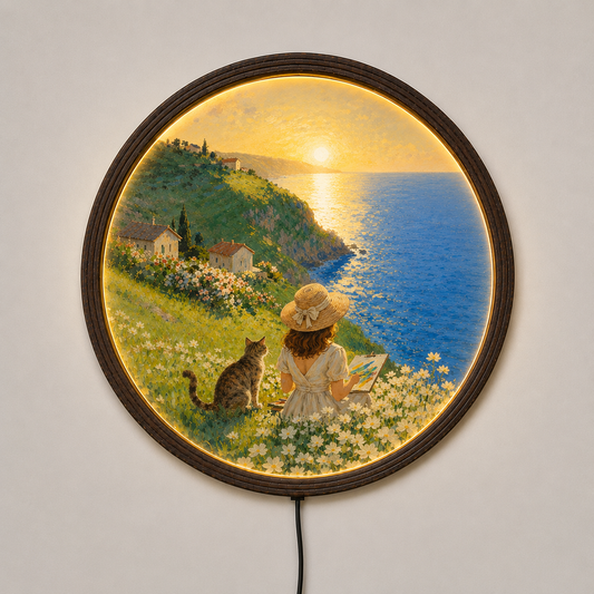 Vintage Coastal Sunset LED Round Wall Art – Mediterranean Seaside Landscape Lighted Wall Decor