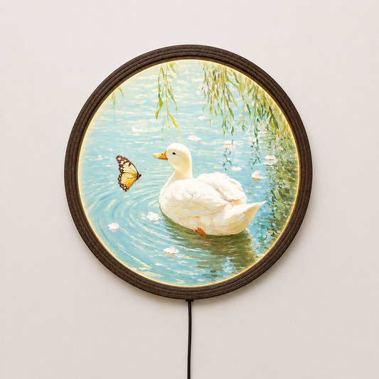 Illuminated Duck Pond Wall Art – Round LED Lighted Nature Decor, Vintage Wooden Frame