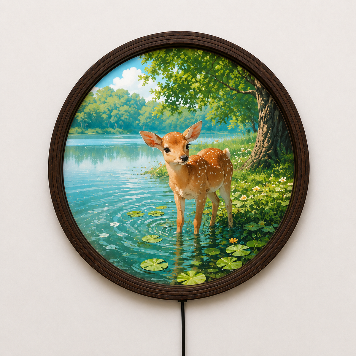 Rustic Deer Lake LED Wall Art – Round Wooden Framed Lighted Home Decor