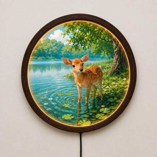 Rustic Deer Lake LED Wall Art – Round Wooden Framed Lighted Home Decor