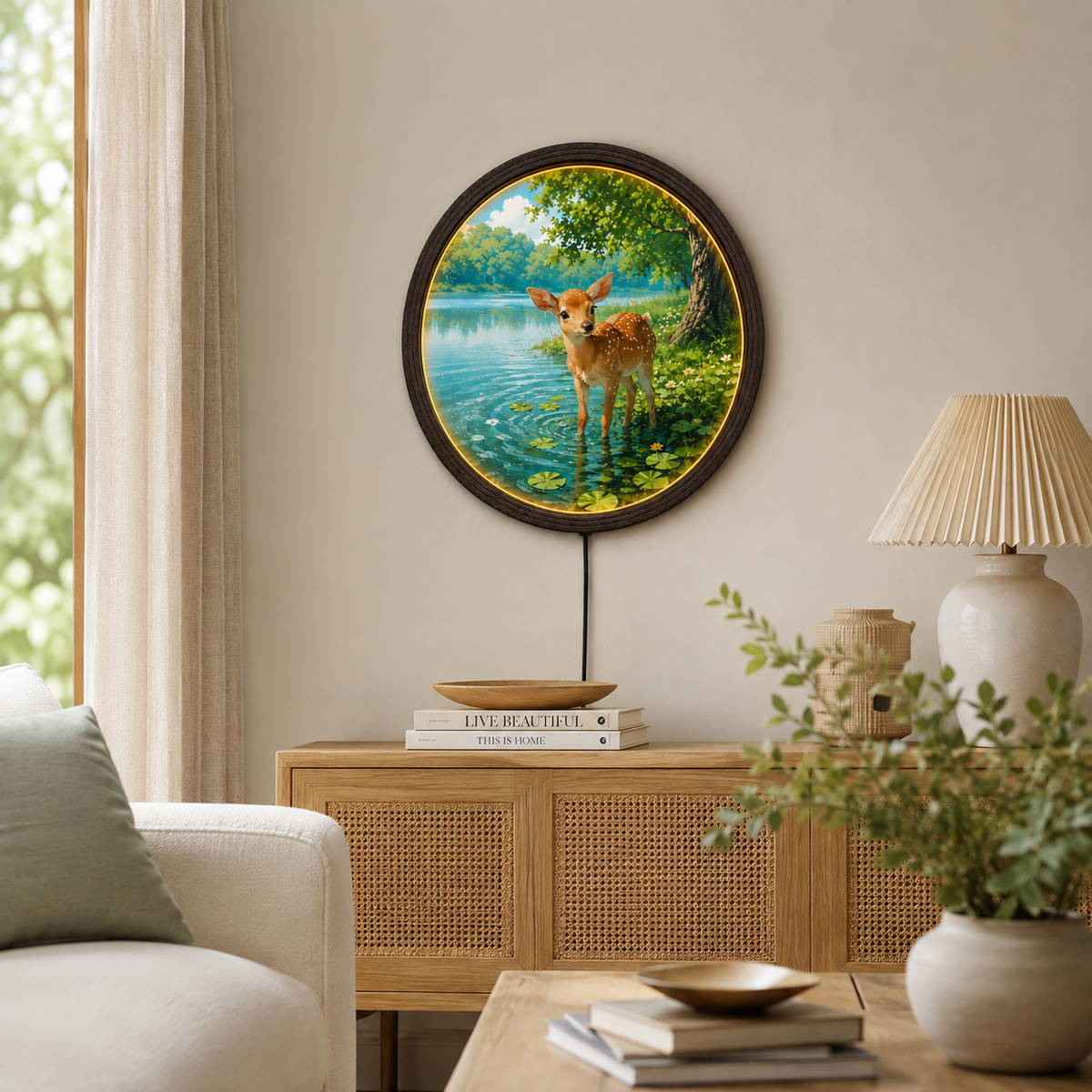 Rustic Deer Lake LED Wall Art – Round Wooden Framed Lighted Home Decor