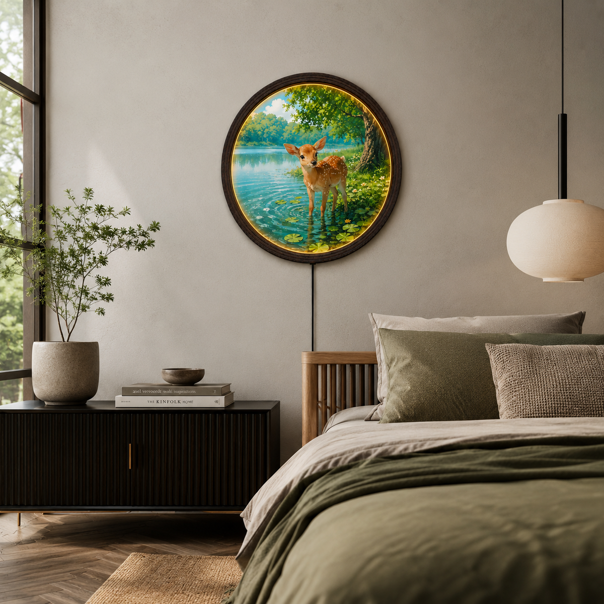 Rustic Deer Lake LED Wall Art – Round Wooden Framed Lighted Home Decor