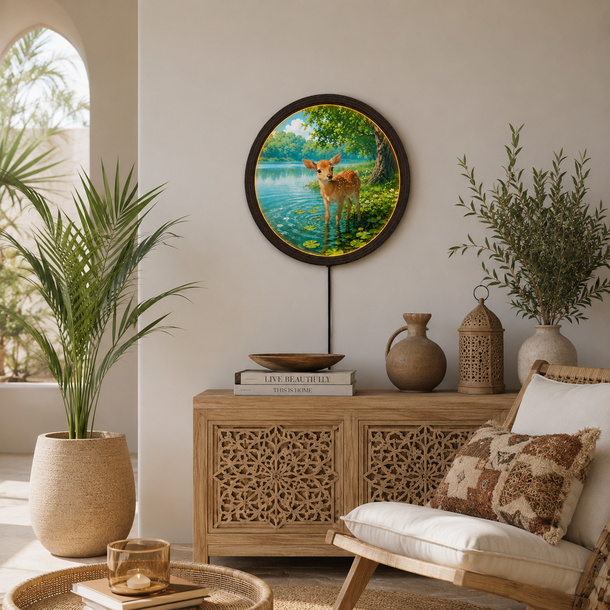 Rustic Deer Lake LED Wall Art – Round Wooden Framed Lighted Home Decor