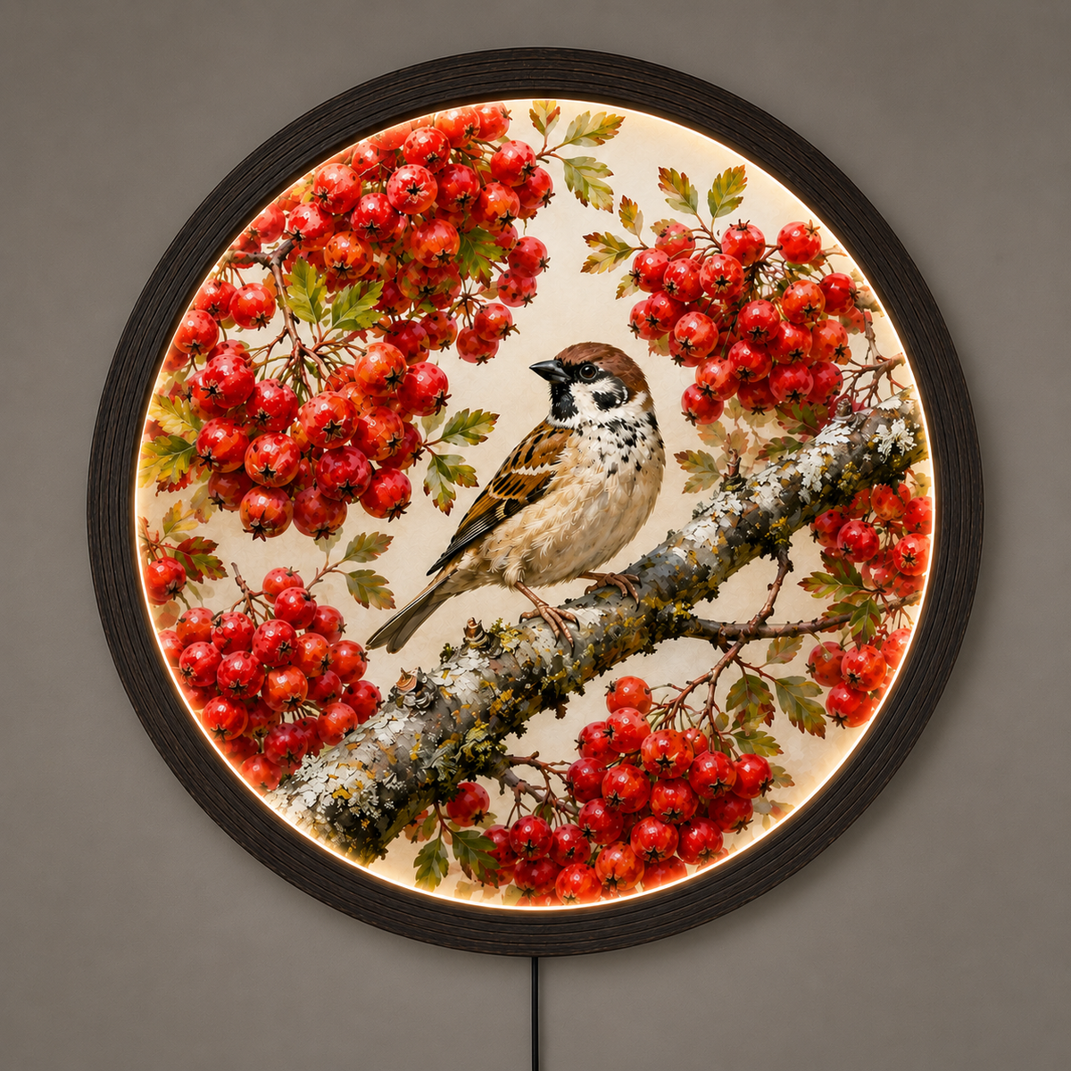Illuminated Round Rowan Bird & Red Berry Wall Art – LED Lighted Nature Home Decor
