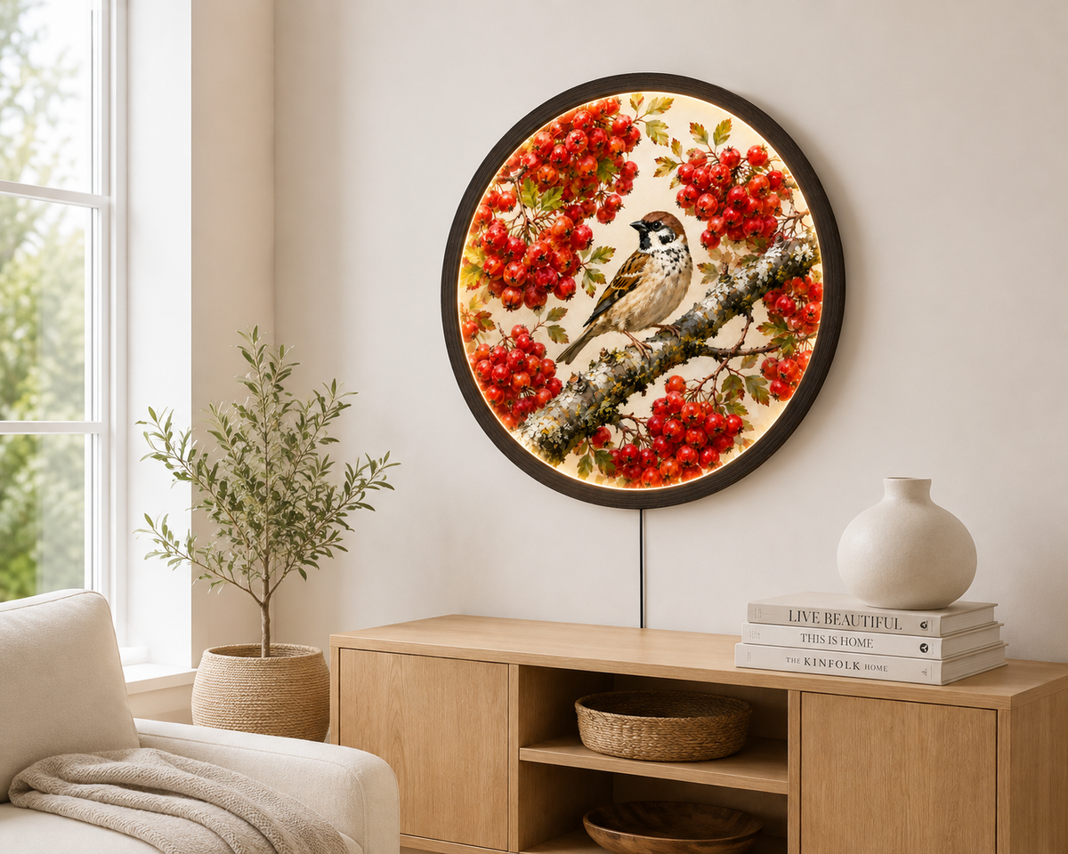 Illuminated Round Rowan Bird & Red Berry Wall Art – LED Lighted Nature Home Decor