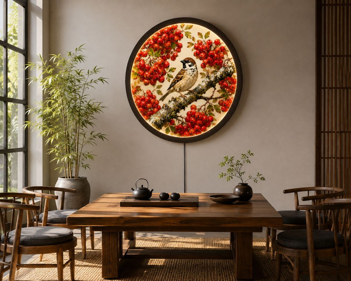 Illuminated Round Rowan Bird & Red Berry Wall Art – LED Lighted Nature Home Decor