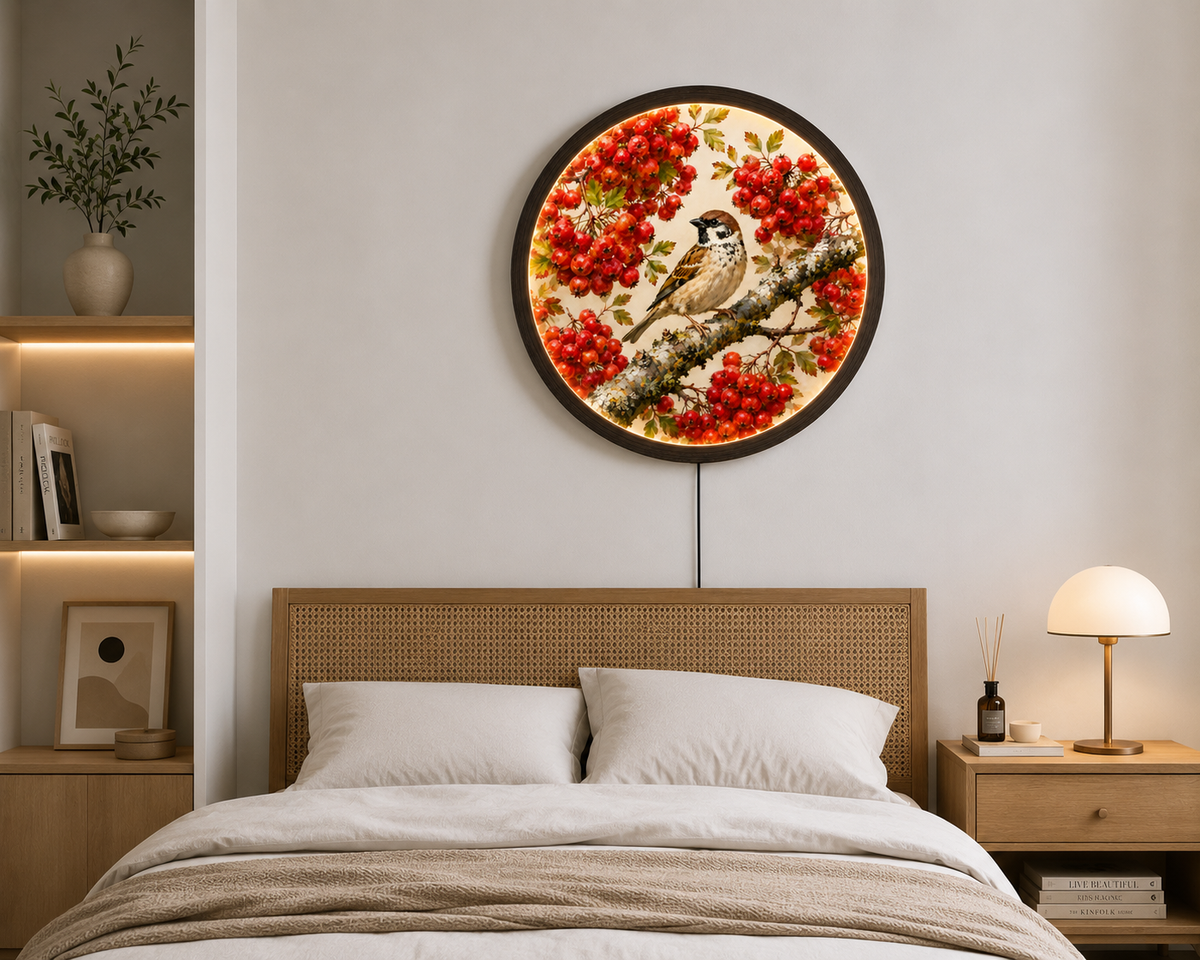 Illuminated Round Rowan Bird & Red Berry Wall Art – LED Lighted Nature Home Decor