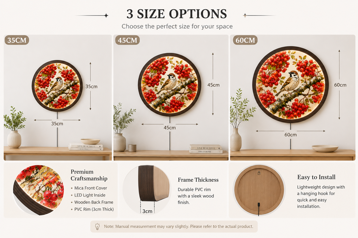 Illuminated Round Rowan Bird & Red Berry Wall Art – LED Lighted Nature Home Decor
