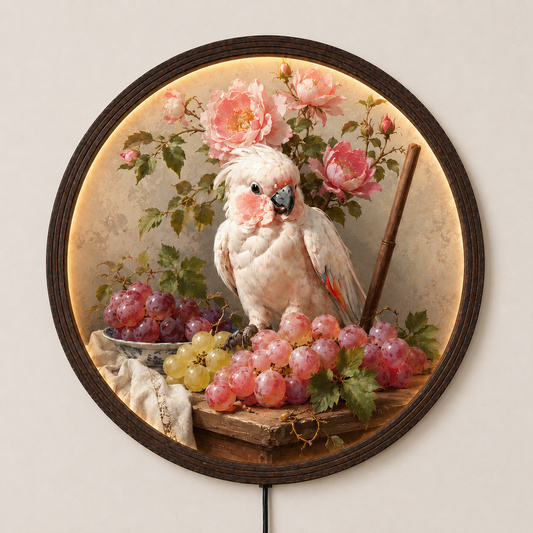 Vintage Floral Cockatoo Round Wall Art with LED Backlight – Rustic Home Decor