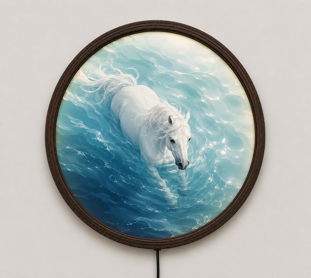 Illuminated White Horse Round Wall Art – LED Lighted Coastal Home Decor