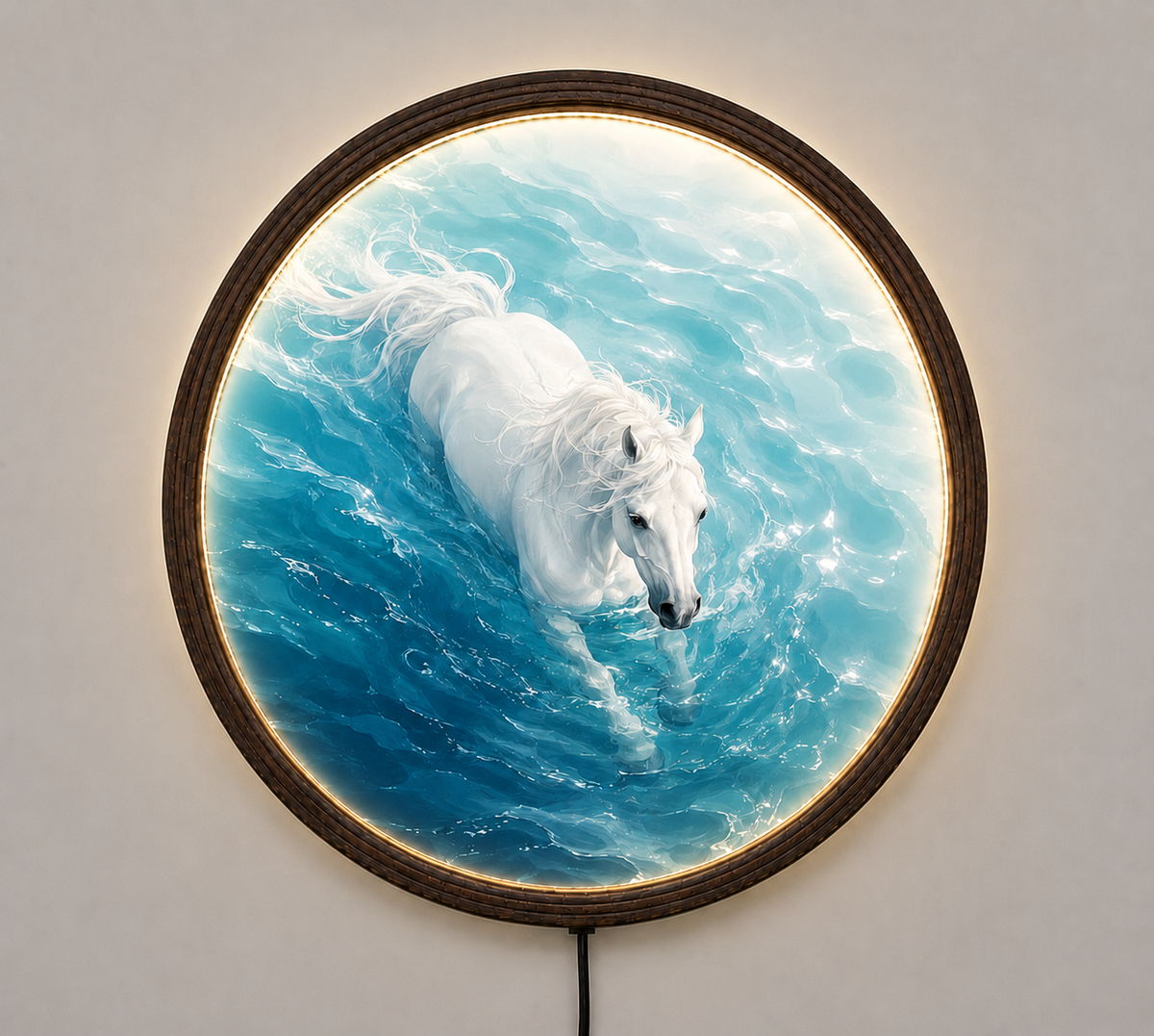 Illuminated White Horse Round Wall Art – LED Lighted Coastal Home Decor