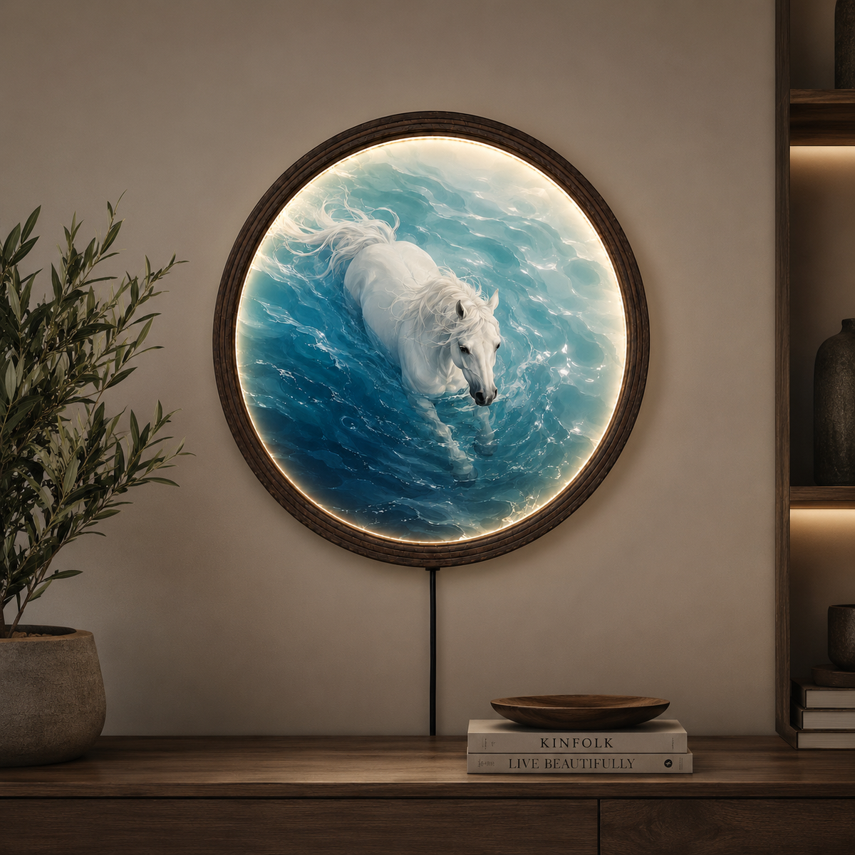 Illuminated White Horse Round Wall Art – LED Lighted Coastal Home Decor