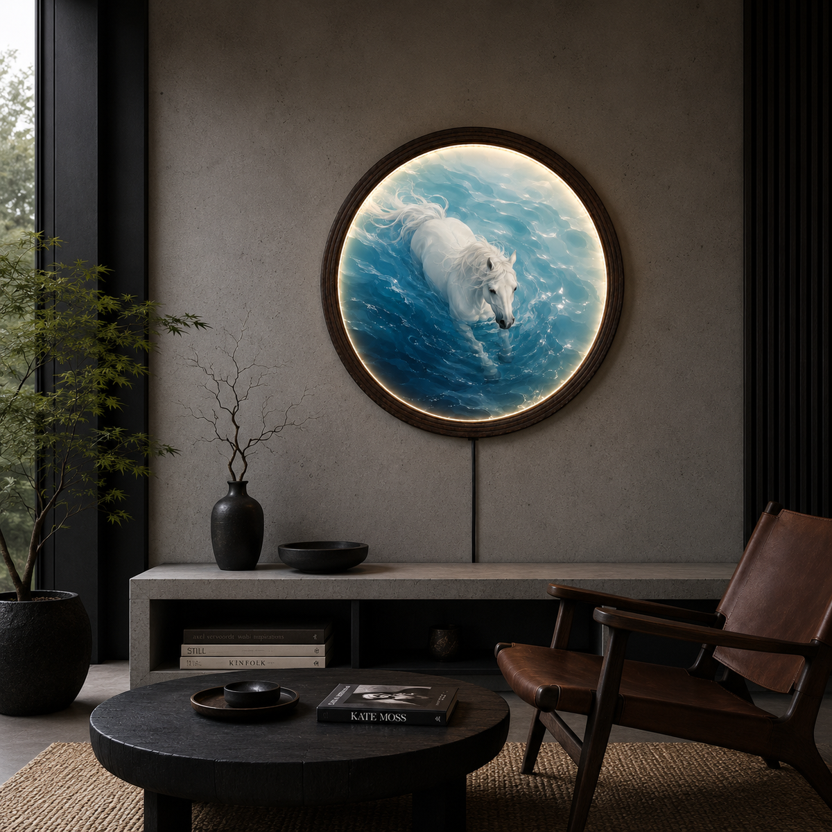 Illuminated White Horse Round Wall Art – LED Lighted Coastal Home Decor
