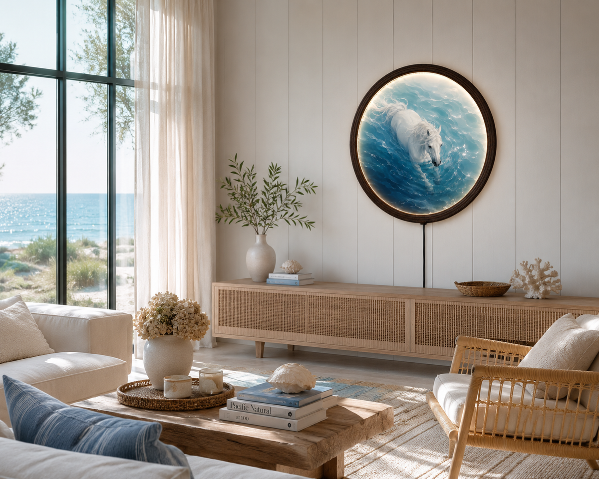 Illuminated White Horse Round Wall Art – LED Lighted Coastal Home Decor