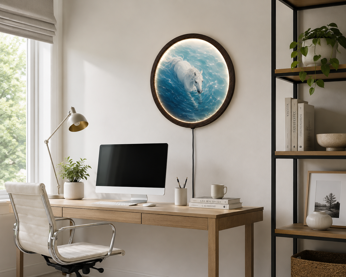 Illuminated White Horse Round Wall Art – LED Lighted Coastal Home Decor