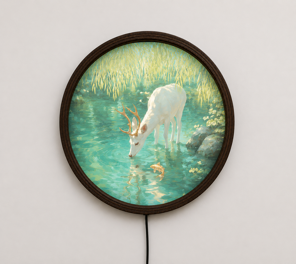 Illuminated White Deer & Koi Pond Round Wall Art – LED Lighted Wooden Frame Home Decor