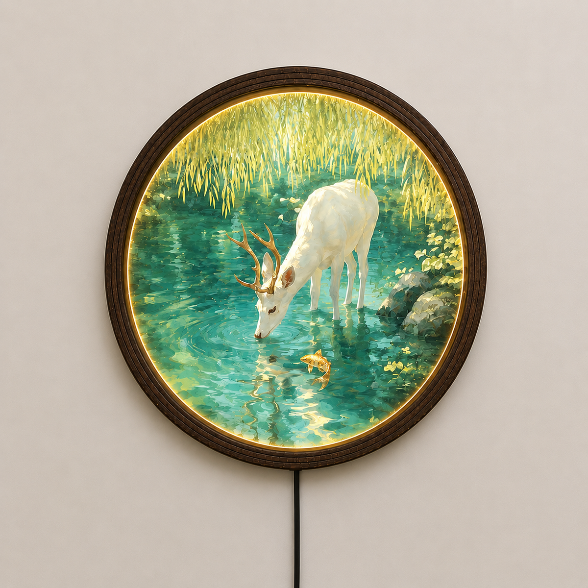 Illuminated White Deer & Koi Pond Round Wall Art – LED Lighted Wooden Frame Home Decor