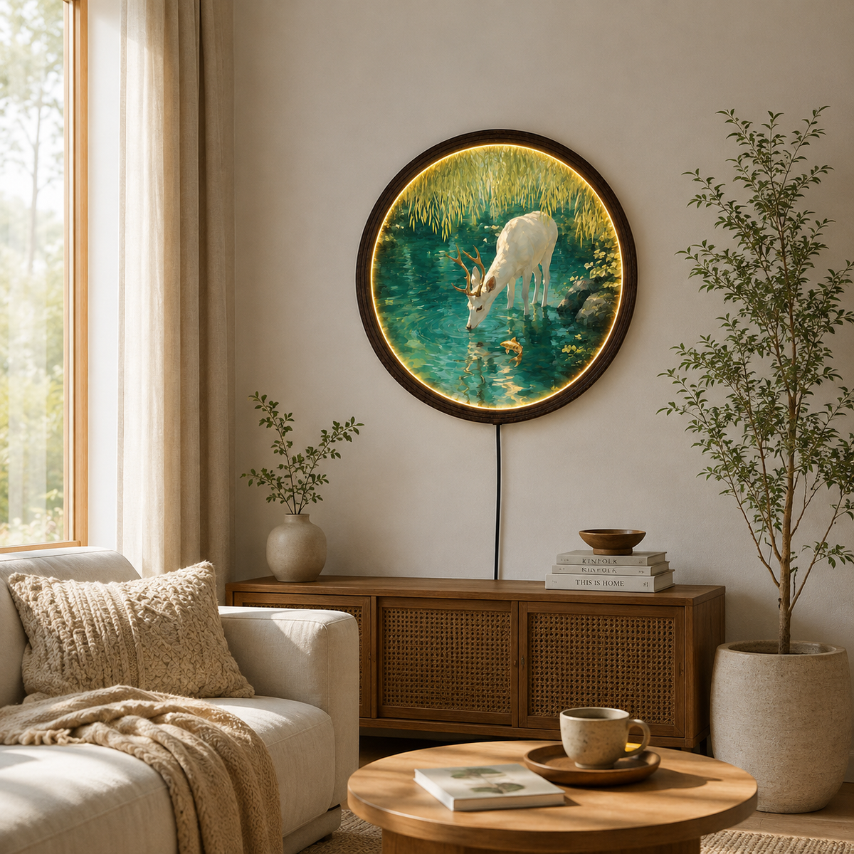 Illuminated White Deer & Koi Pond Round Wall Art – LED Lighted Wooden Frame Home Decor