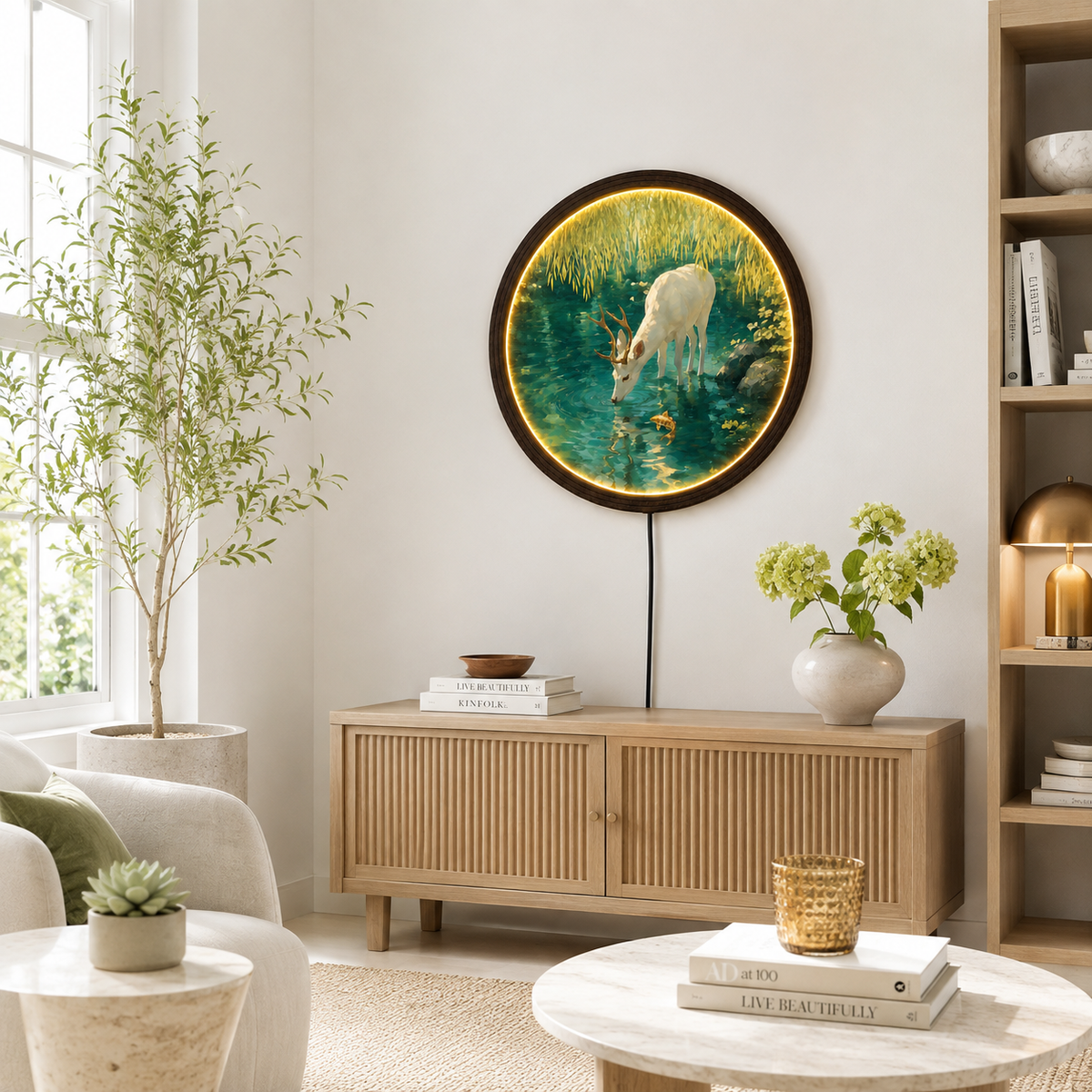 Illuminated White Deer & Koi Pond Round Wall Art – LED Lighted Wooden Frame Home Decor