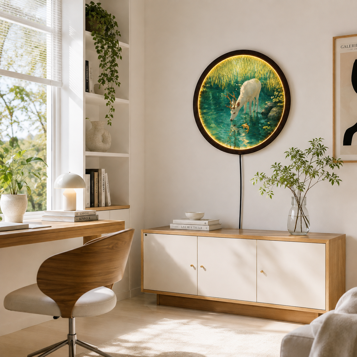 Illuminated White Deer & Koi Pond Round Wall Art – LED Lighted Wooden Frame Home Decor