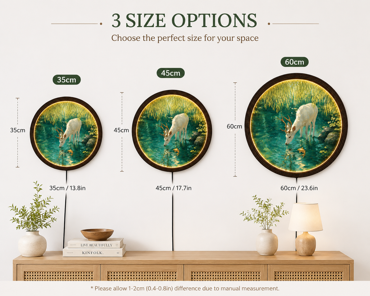 Illuminated White Deer & Koi Pond Round Wall Art – LED Lighted Wooden Frame Home Decor