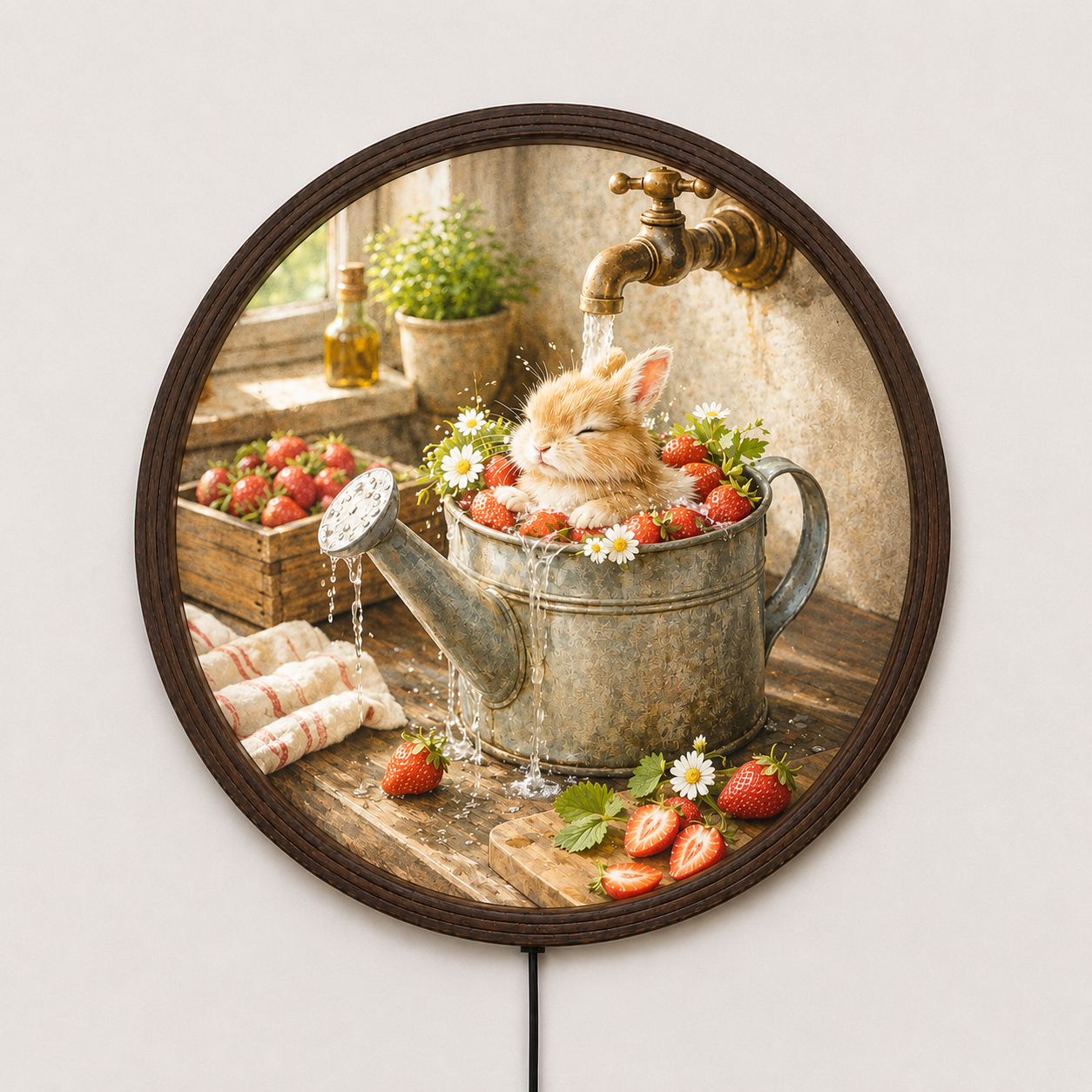 Whimsical Bunny & Strawberry LED Lighted Round Wall Art – Rustic Farmhouse Home Decor