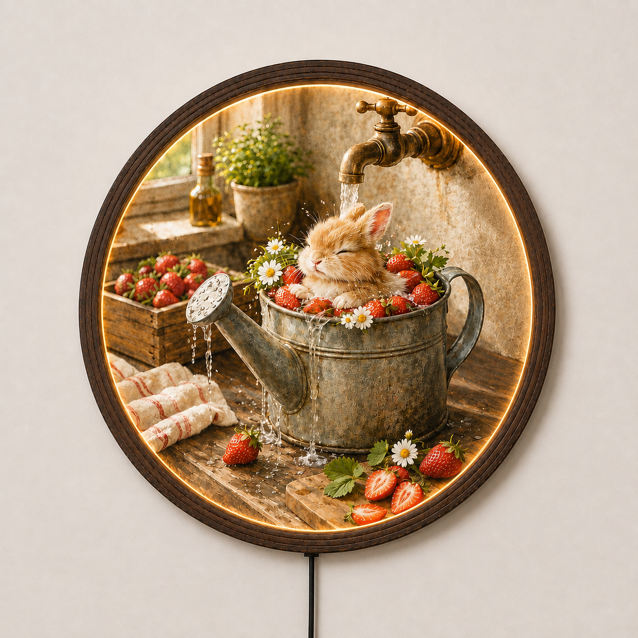 Whimsical Bunny & Strawberry LED Lighted Round Wall Art – Rustic Farmhouse Home Decor