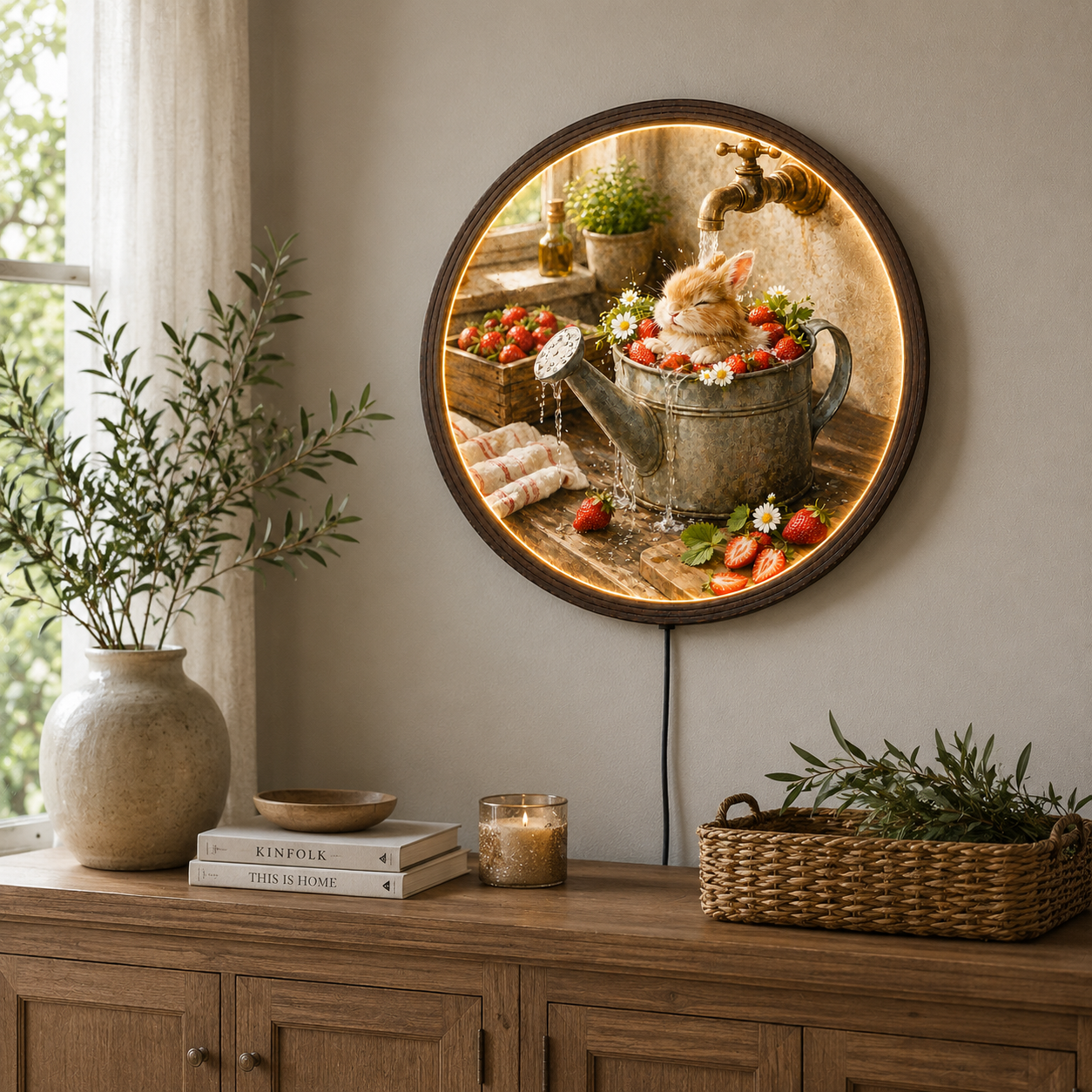 Whimsical Bunny & Strawberry LED Lighted Round Wall Art – Rustic Farmhouse Home Decor