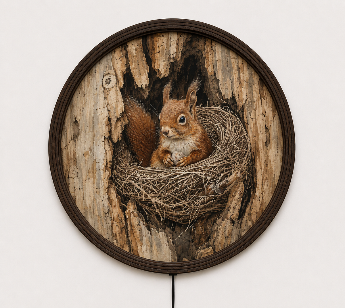 Rustic Squirrel Nest LED Wall Art – Round Woodland Animal Lighted Wall Decor