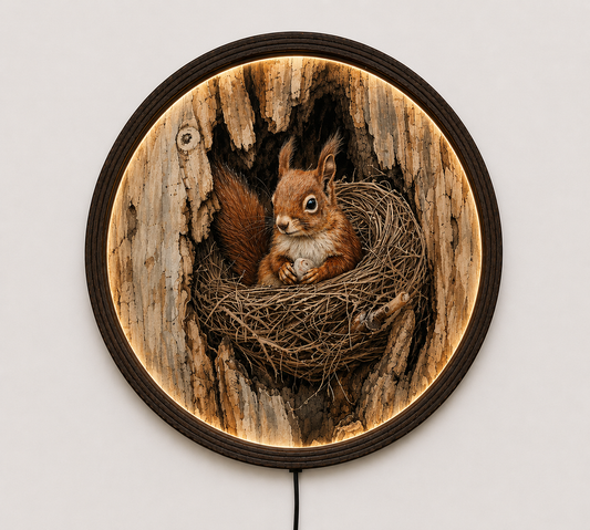 Rustic Squirrel Nest LED Wall Art – Round Woodland Animal Lighted Wall Decor