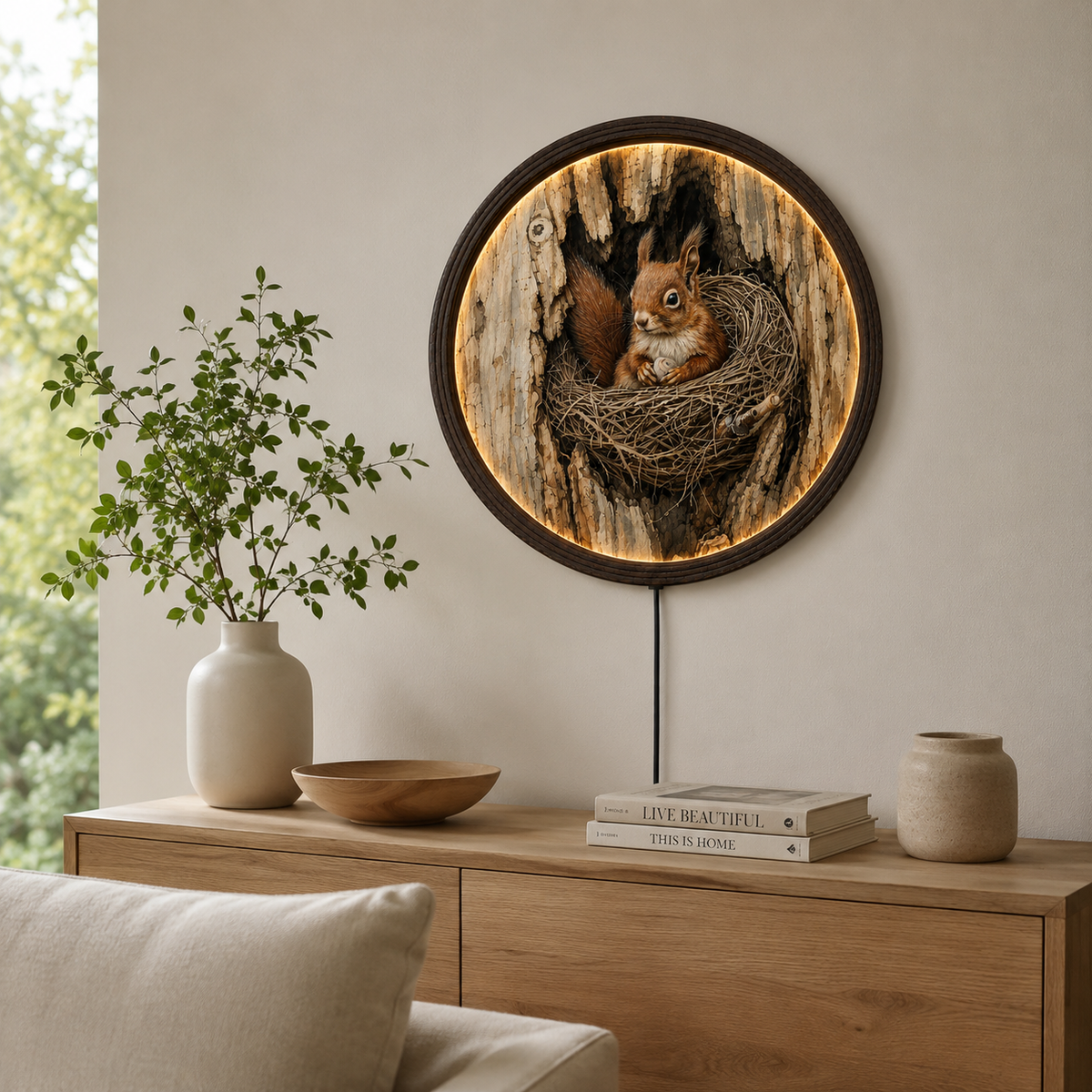 Rustic Squirrel Nest LED Wall Art – Round Woodland Animal Lighted Wall Decor