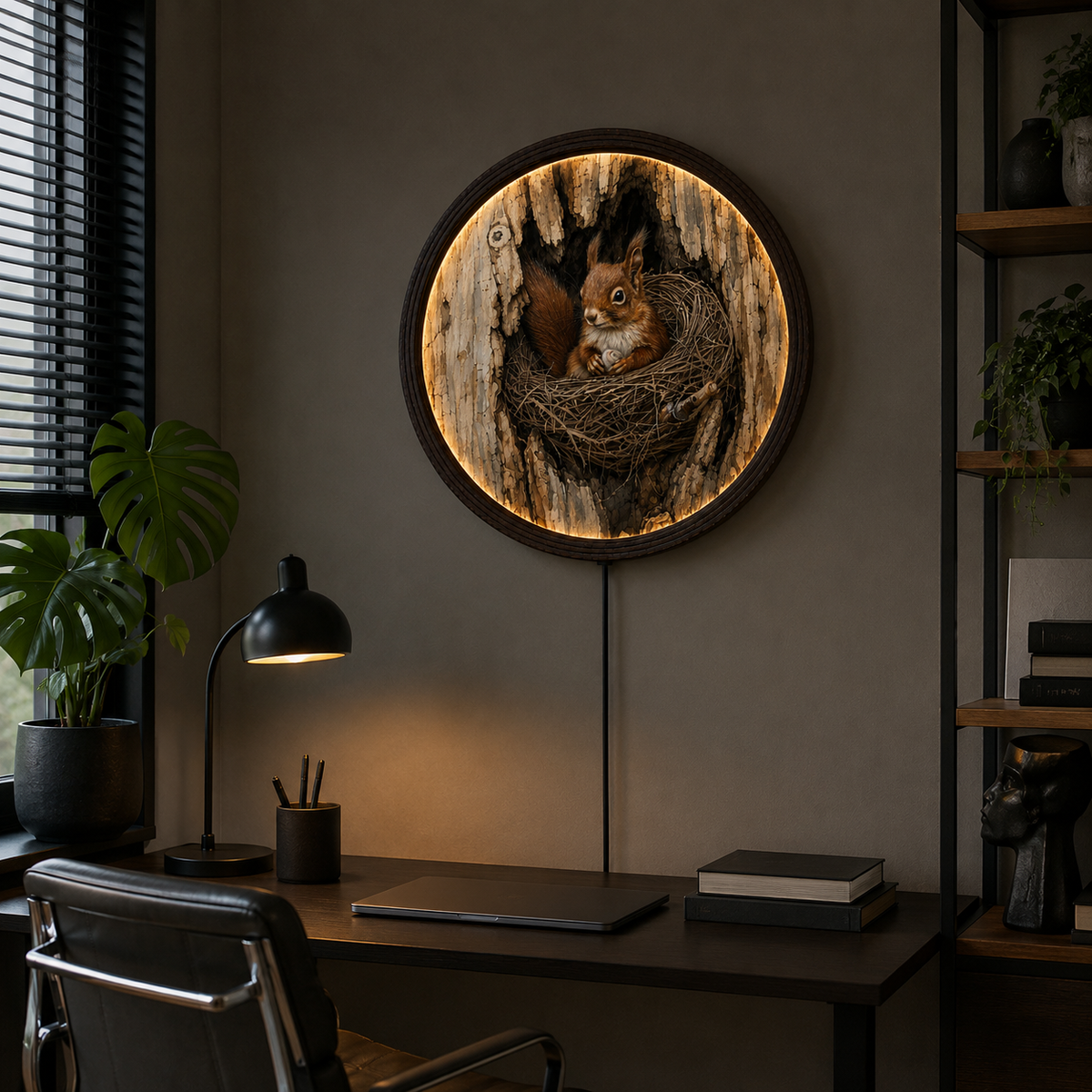 Rustic Squirrel Nest LED Wall Art – Round Woodland Animal Lighted Wall Decor
