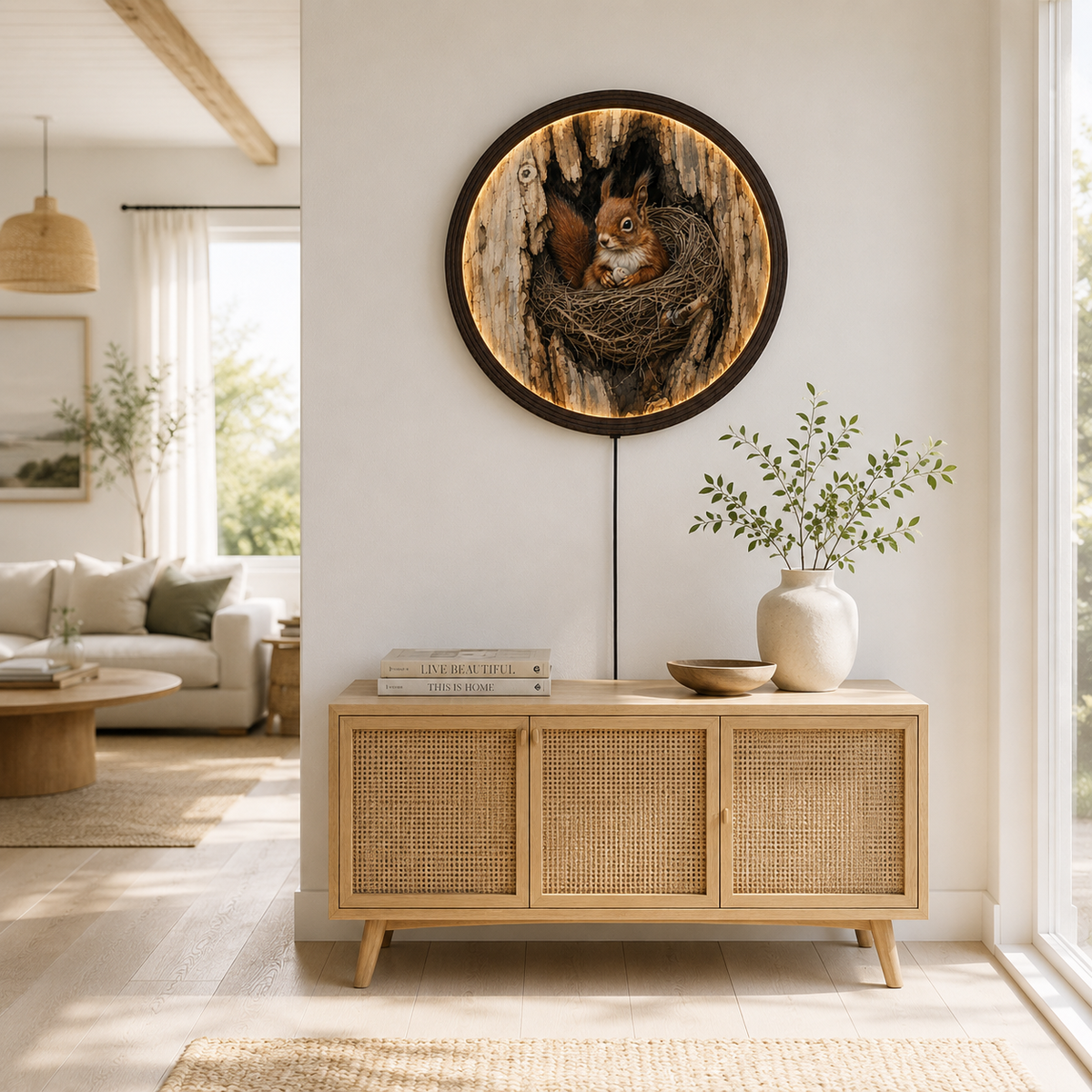 Rustic Squirrel Nest LED Wall Art – Round Woodland Animal Lighted Wall Decor