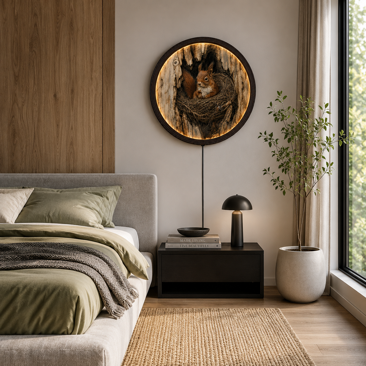 Rustic Squirrel Nest LED Wall Art – Round Woodland Animal Lighted Wall Decor