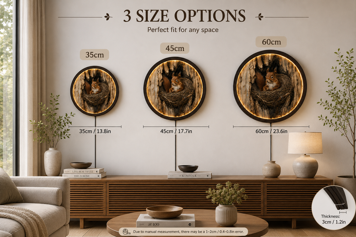 Rustic Squirrel Nest LED Wall Art – Round Woodland Animal Lighted Wall Decor