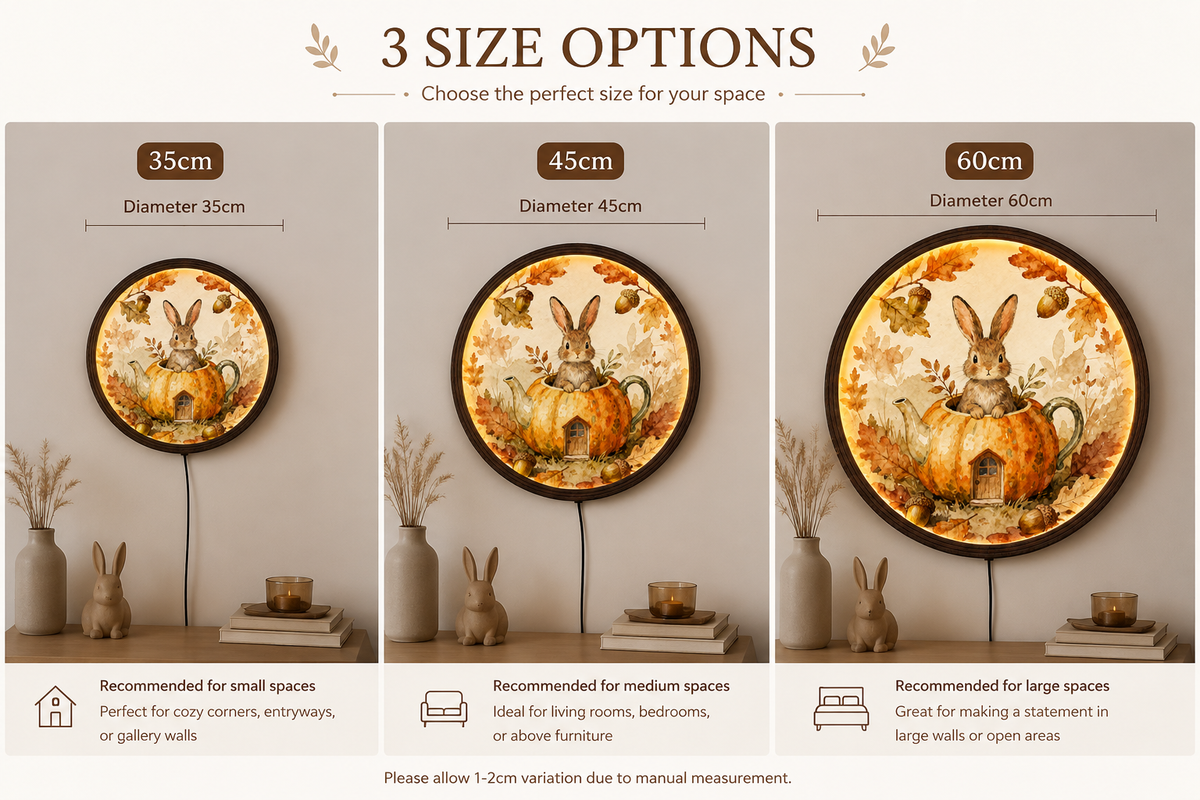 Rustic Autumn Bunny LED Wall Art – Round Pumpkin House Lighted Wall Decor