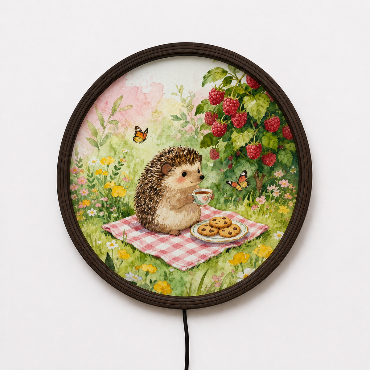 Whimsical Hedgehog Garden LED Wall Art – Round Lighted Wall Decor for Cozy Home
