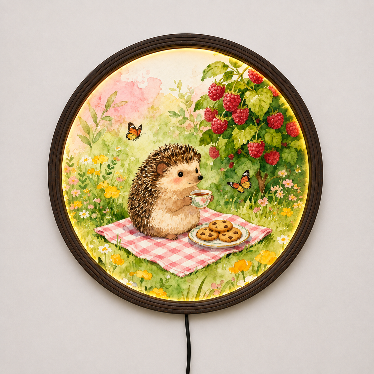 Whimsical Hedgehog Garden LED Wall Art – Round Lighted Wall Decor for Cozy Home