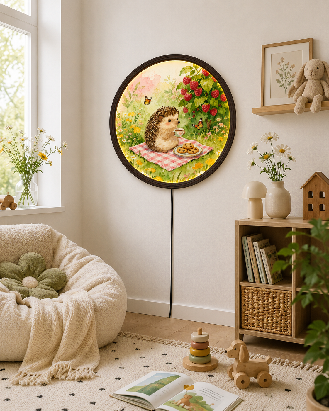 Whimsical Hedgehog Garden LED Wall Art – Round Lighted Wall Decor for Cozy Home