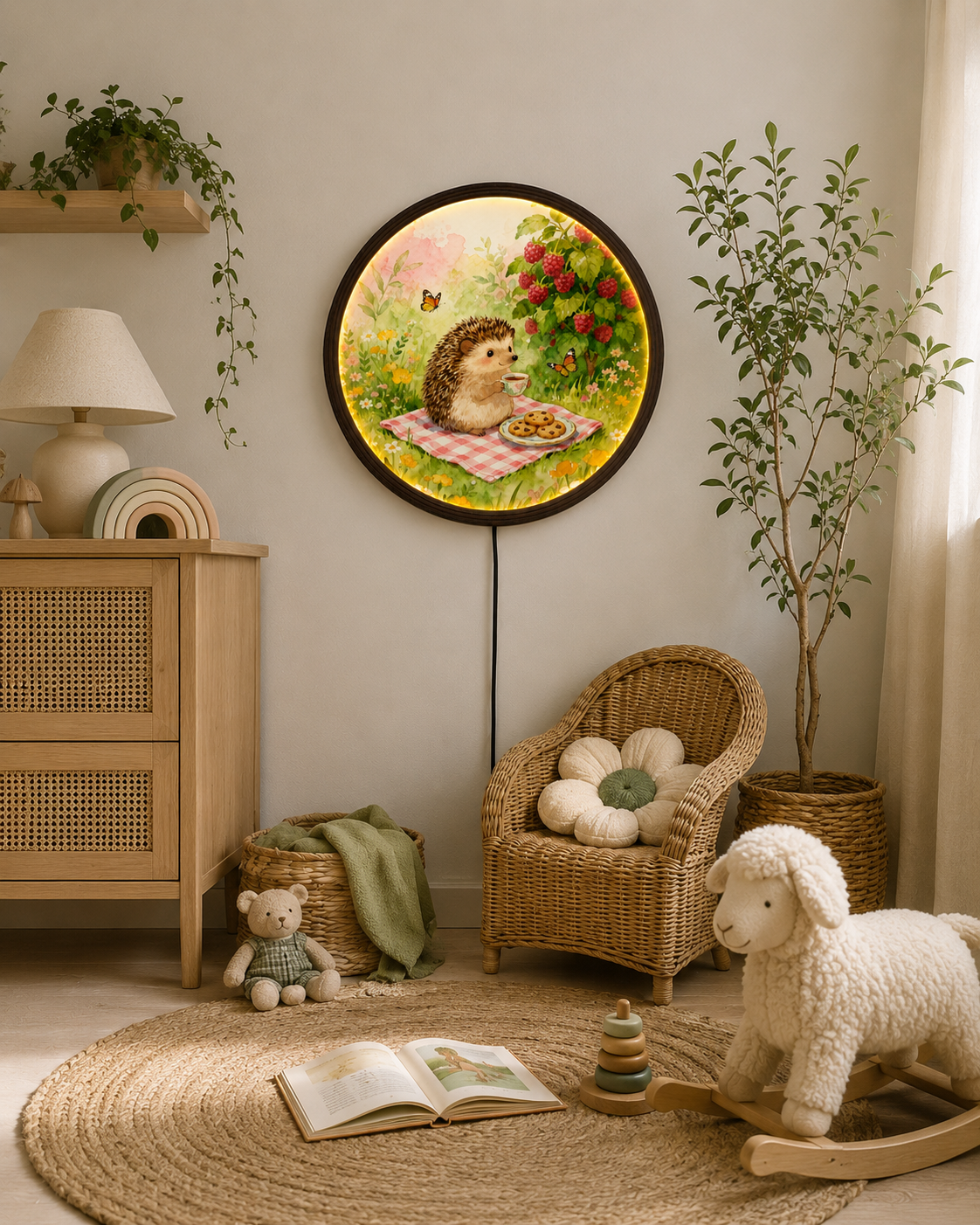 Whimsical Hedgehog Garden LED Wall Art – Round Lighted Wall Decor for Cozy Home