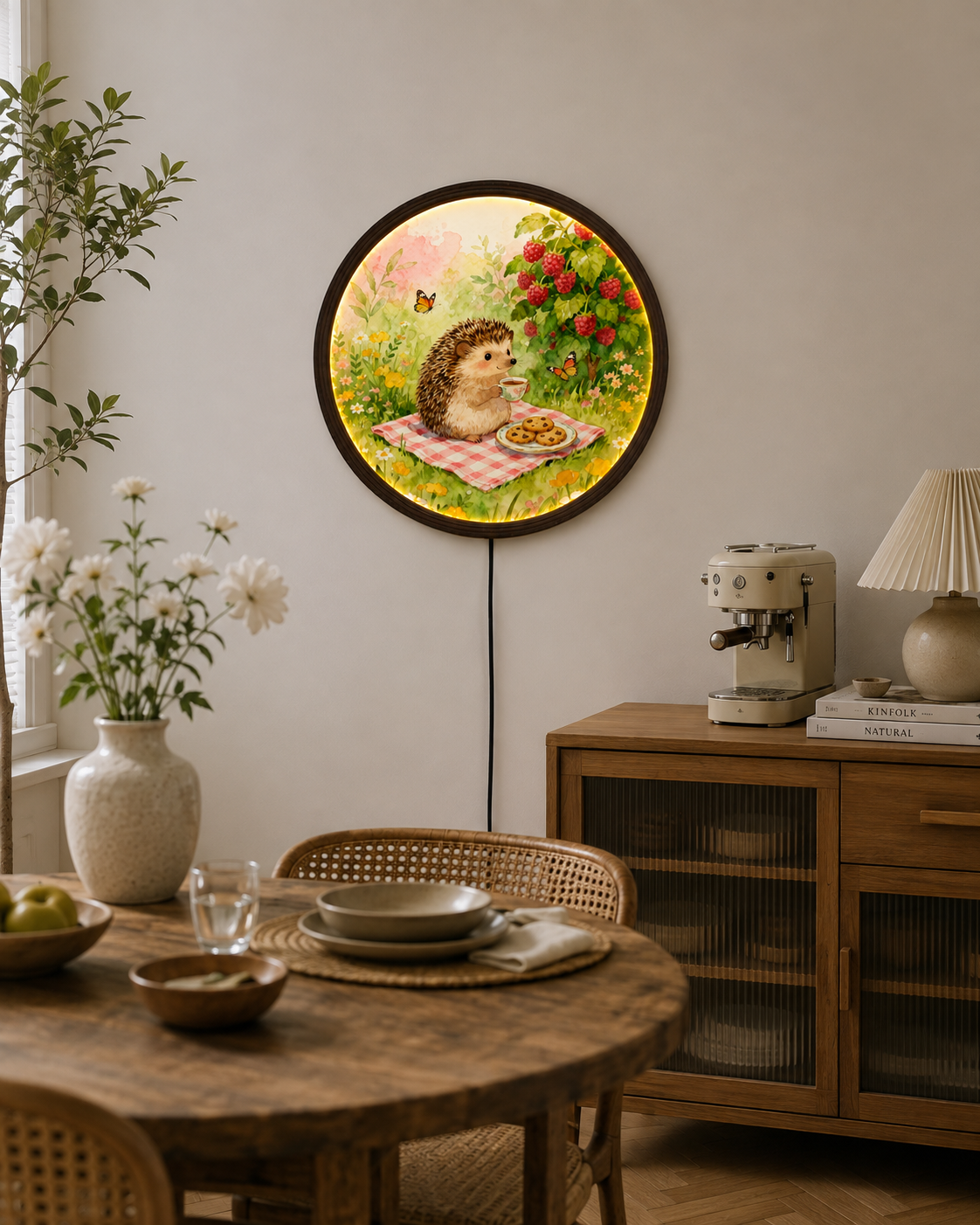 Whimsical Hedgehog Garden LED Wall Art – Round Lighted Wall Decor for Cozy Home