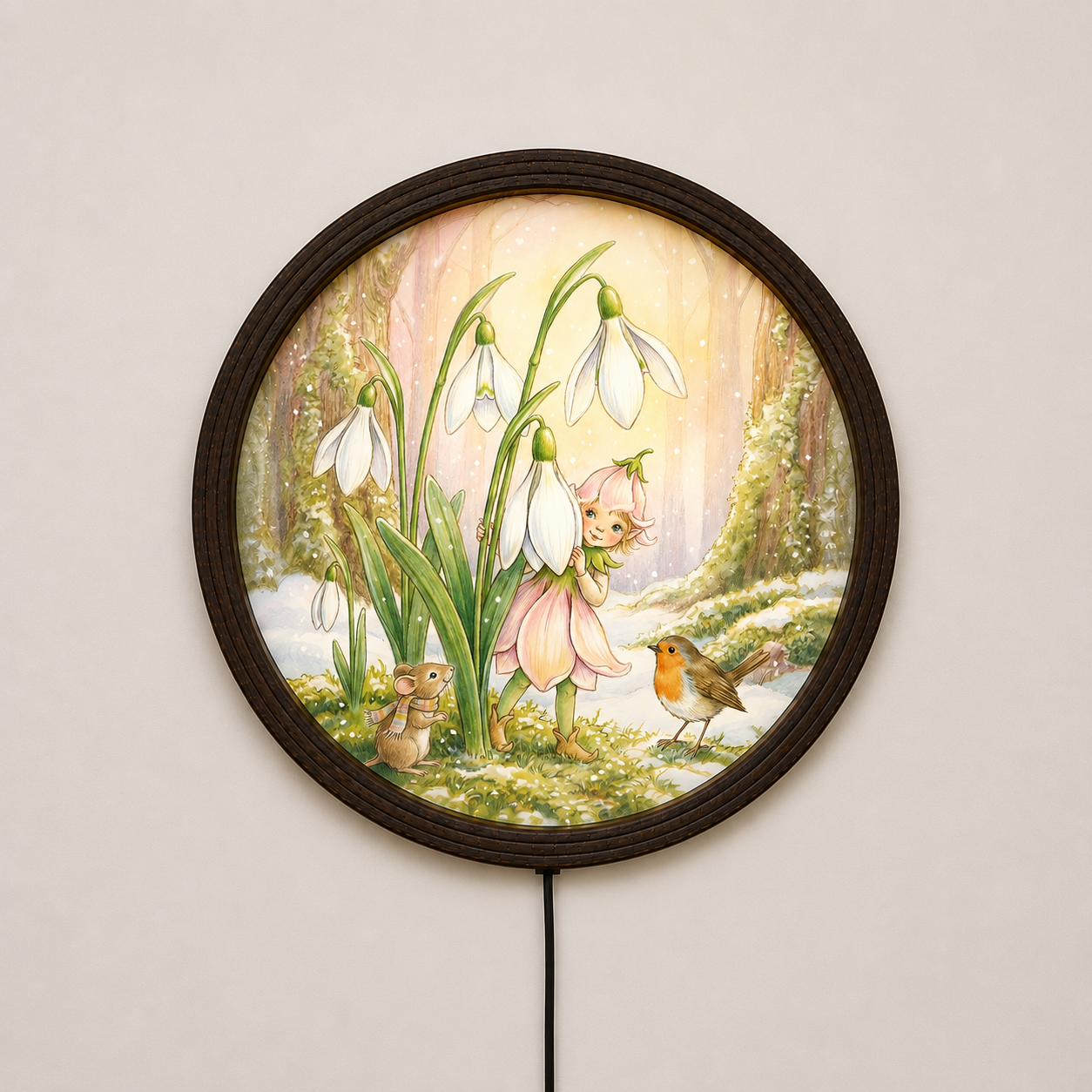 Lighted Round Fairy Garden Wall Art – Enchanted Forest Mushroom & Snowdrop Floral Decor