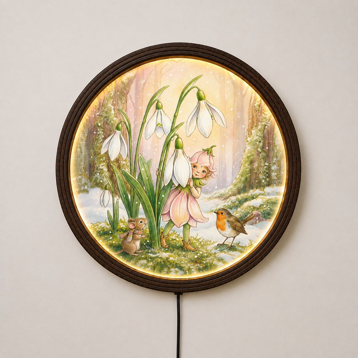 Lighted Round Fairy Garden Wall Art – Enchanted Forest Mushroom & Snowdrop Floral Decor