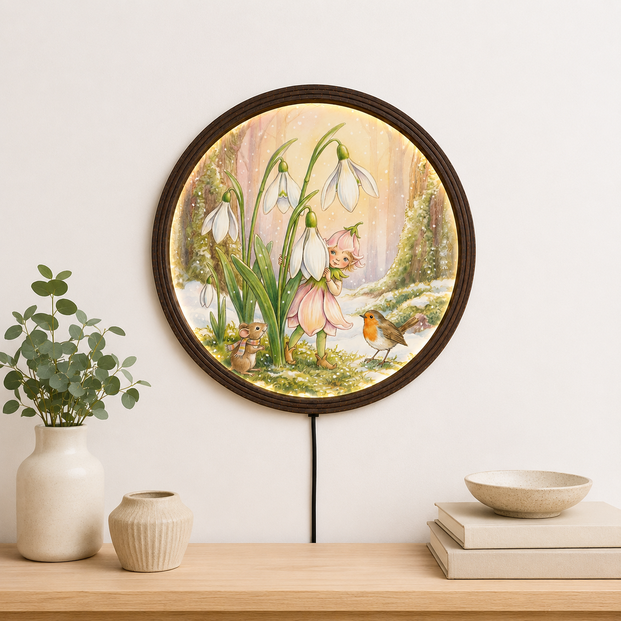 Lighted Round Fairy Garden Wall Art – Enchanted Forest Mushroom & Snowdrop Floral Decor