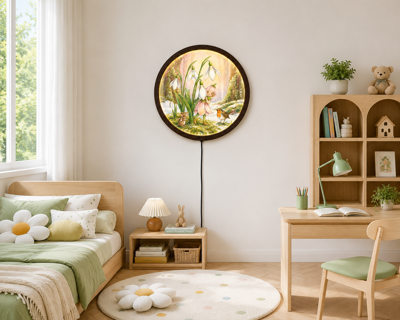 Lighted Round Fairy Garden Wall Art – Enchanted Forest Mushroom & Snowdrop Floral Decor