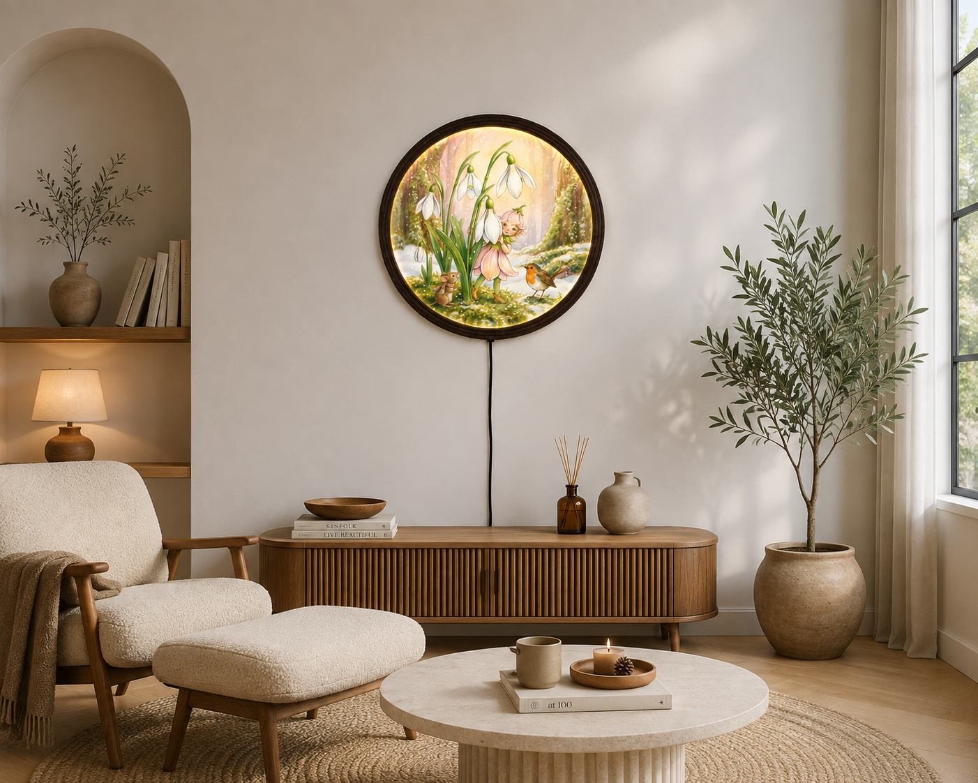 Lighted Round Fairy Garden Wall Art – Enchanted Forest Mushroom & Snowdrop Floral Decor