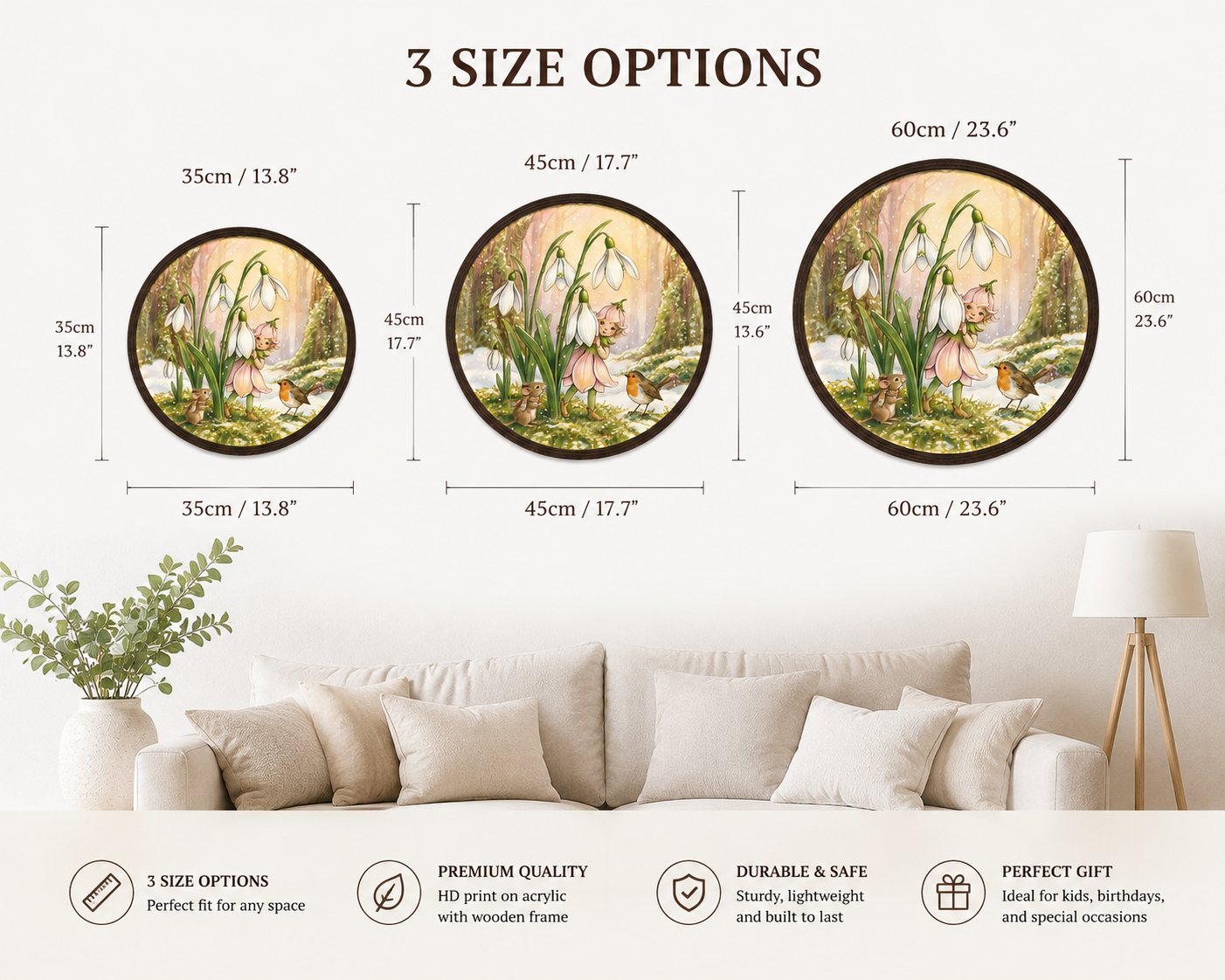 Lighted Round Fairy Garden Wall Art – Enchanted Forest Mushroom & Snowdrop Floral Decor
