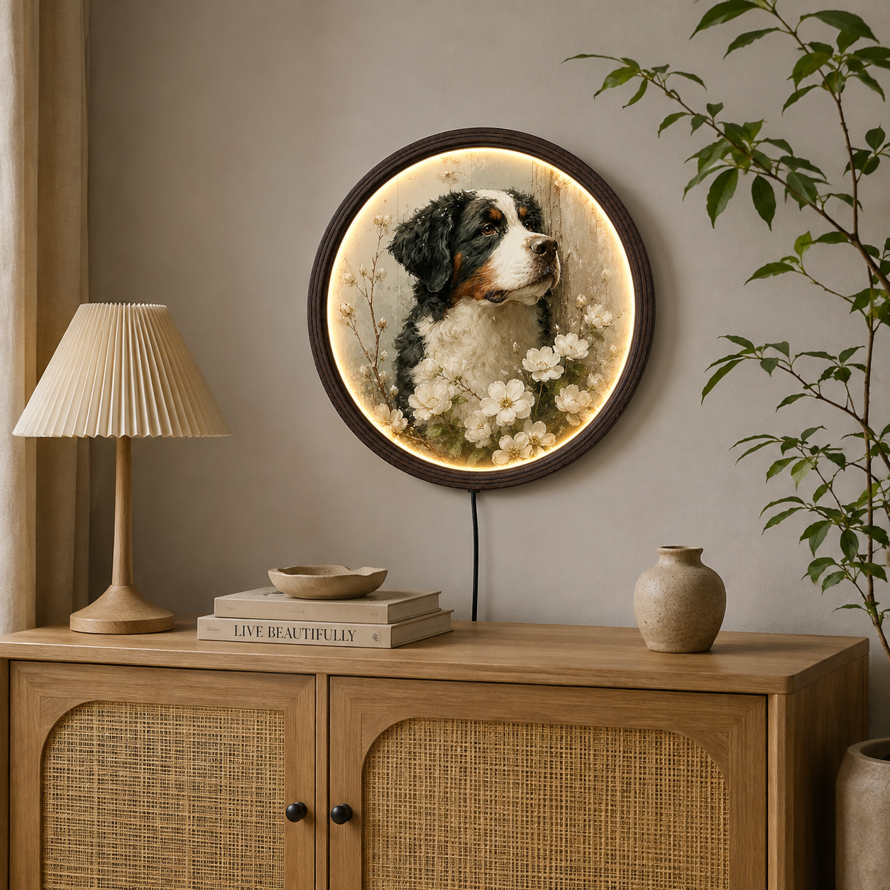 Illuminated Bernese Mountain Dog Floral Wall Art – Rustic LED Lighted Round Wall Decor